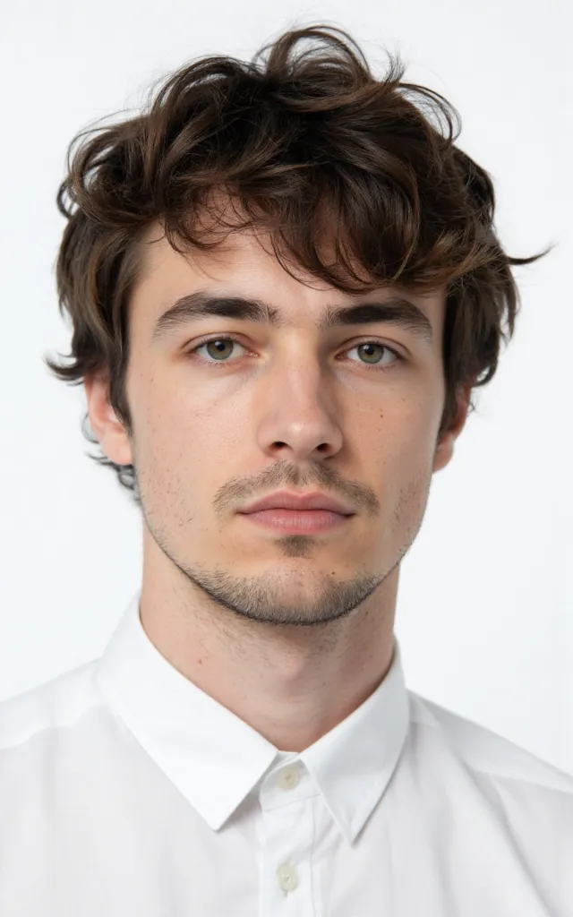 A French male model with Shaggy hair, wearing a shirt, against a white background, in a front   facing bust portrait
